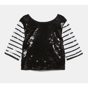 Zara  sequin tie back closure in black and white  blouse